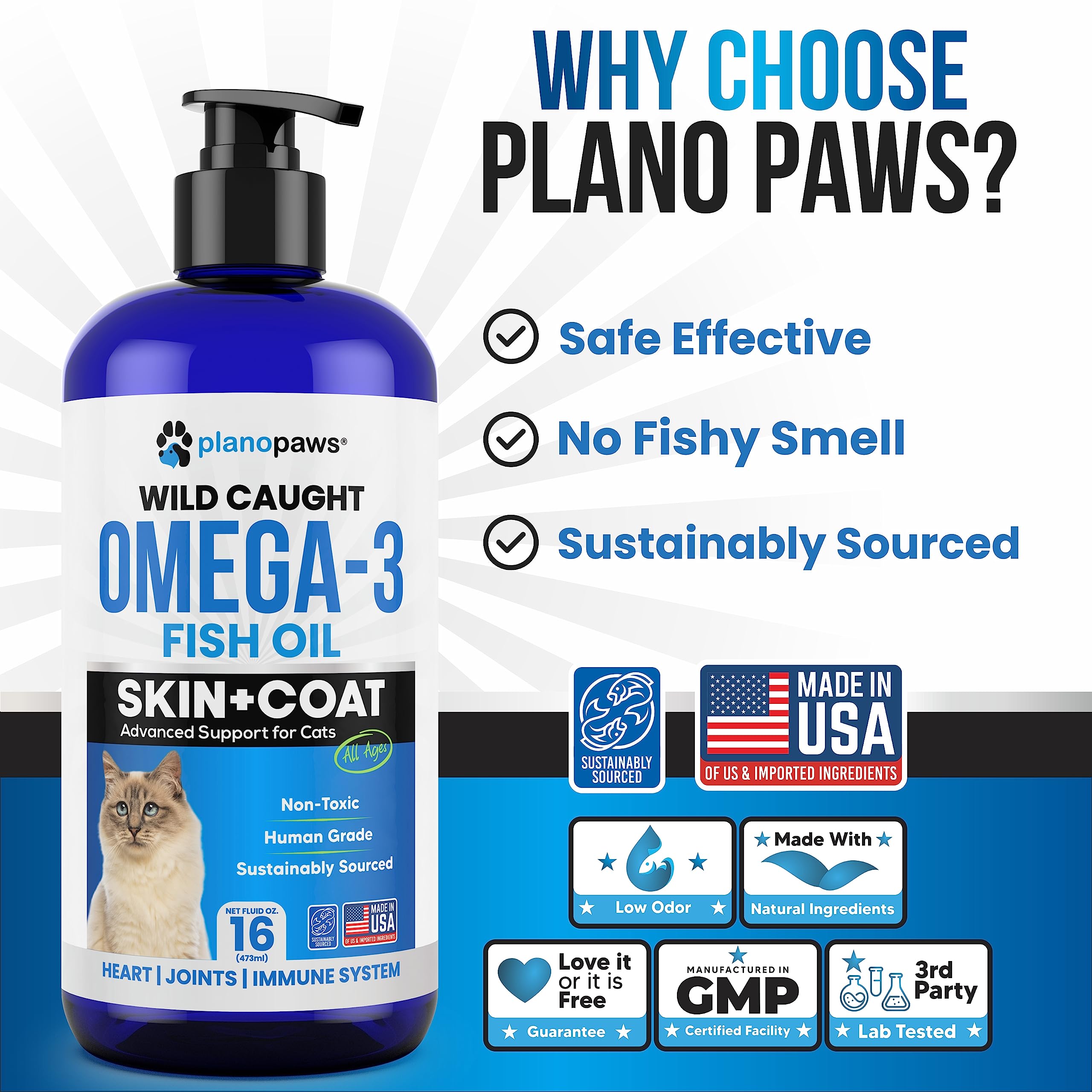 Omega 3 Fish Oil for Cats - Better Than Salmon Oil for Cats - Kitten + Cat Vitamins and Supplements - Cat Health Supplies - Cat